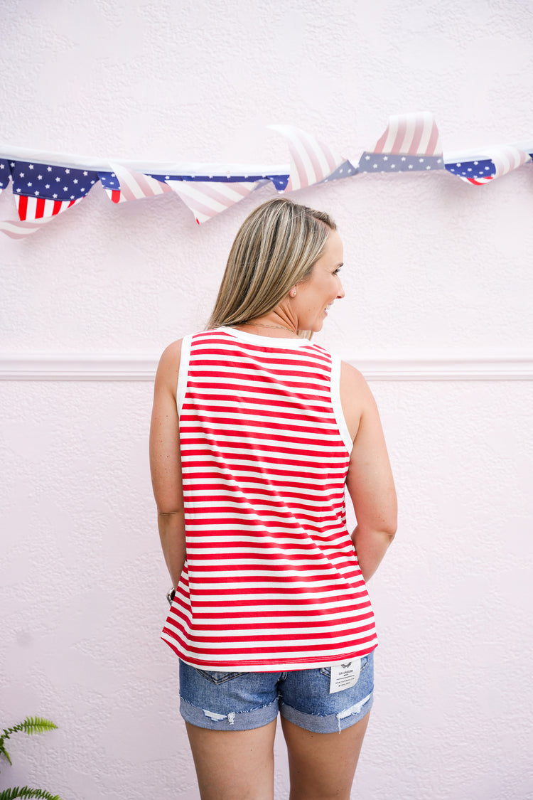 Star' Sequin Patched Stripe Round Neck Tank Top - White/Red