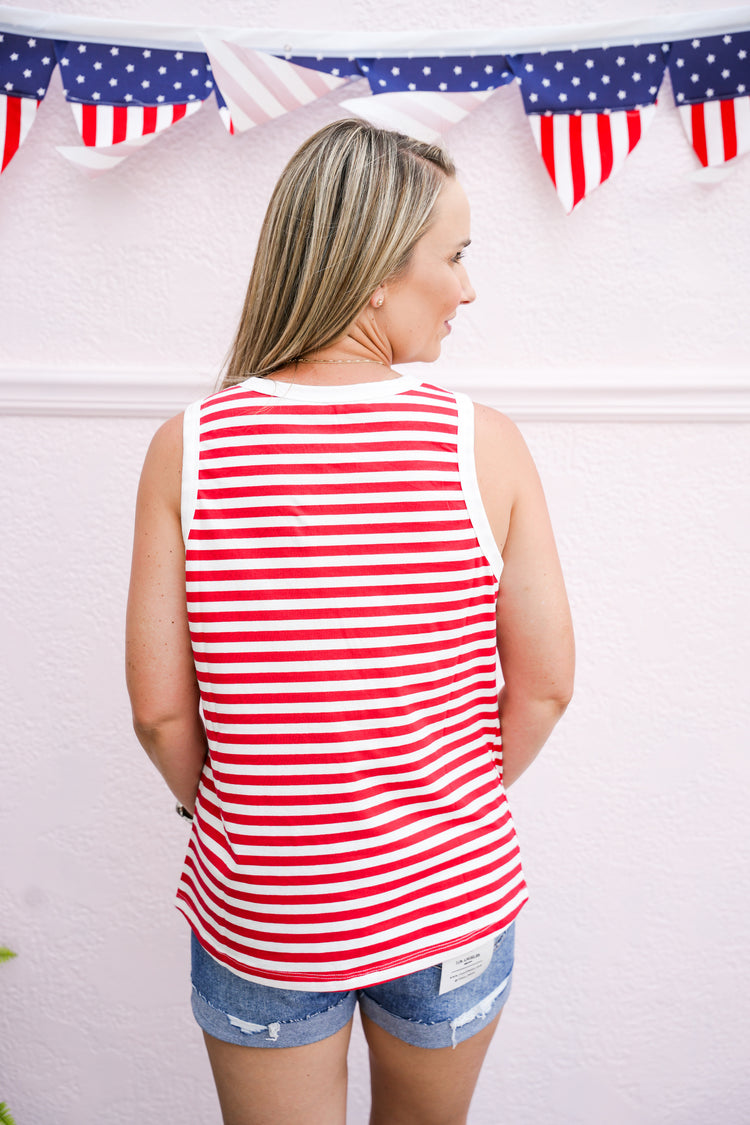 Star' Sequin Patched Stripe Round Neck Tank Top - White/Red
