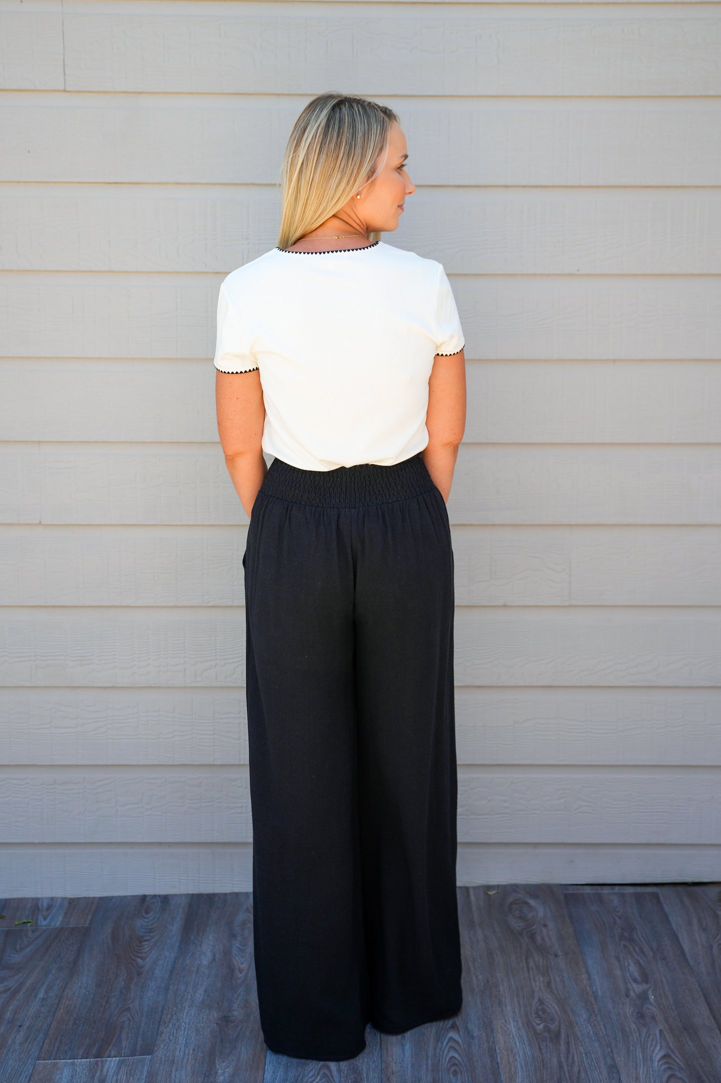 Cotton Linen Smocked Waist Pants with Tassel - Black - Southern Belle Boutique