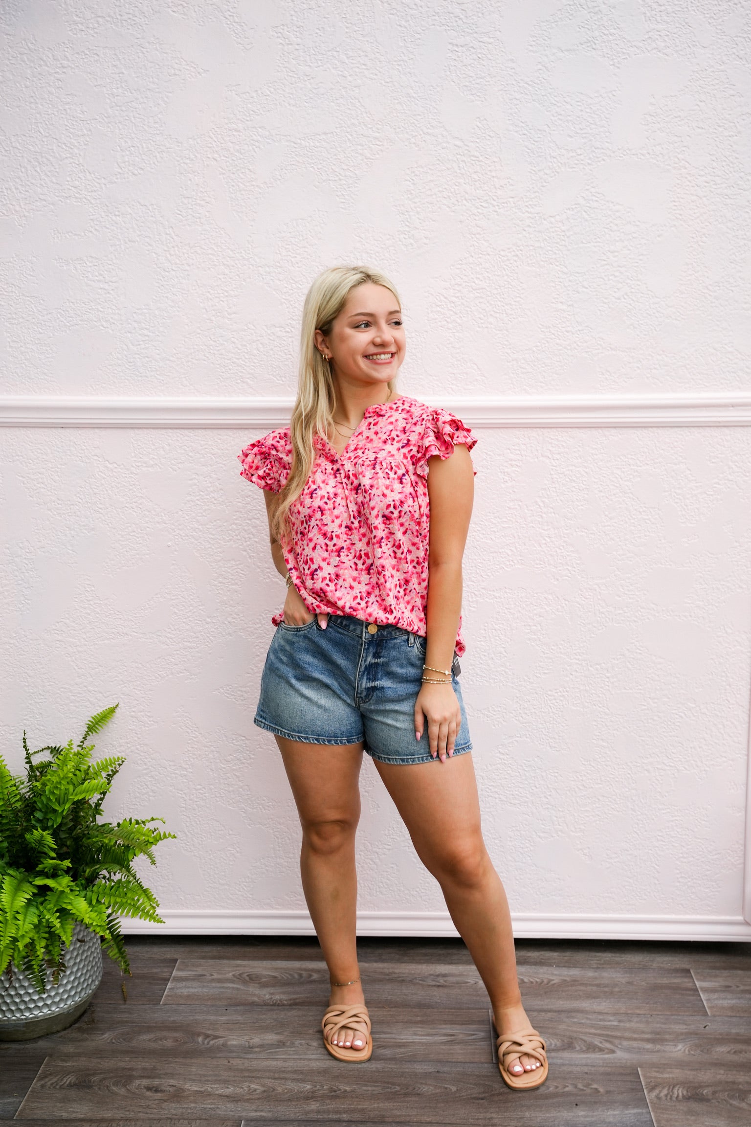 Fuchsia Floral Print Split V-Neck Ruffled Sleeve Top - Southern Belle Boutique