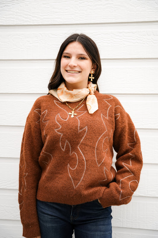 Western Boots Stitched Sweater - Southern Belle Boutique