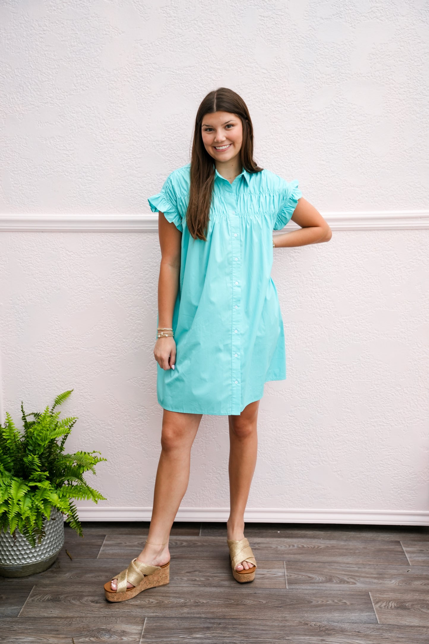Turquoise Gathered Shirt Dress - Southern Belle Boutique
