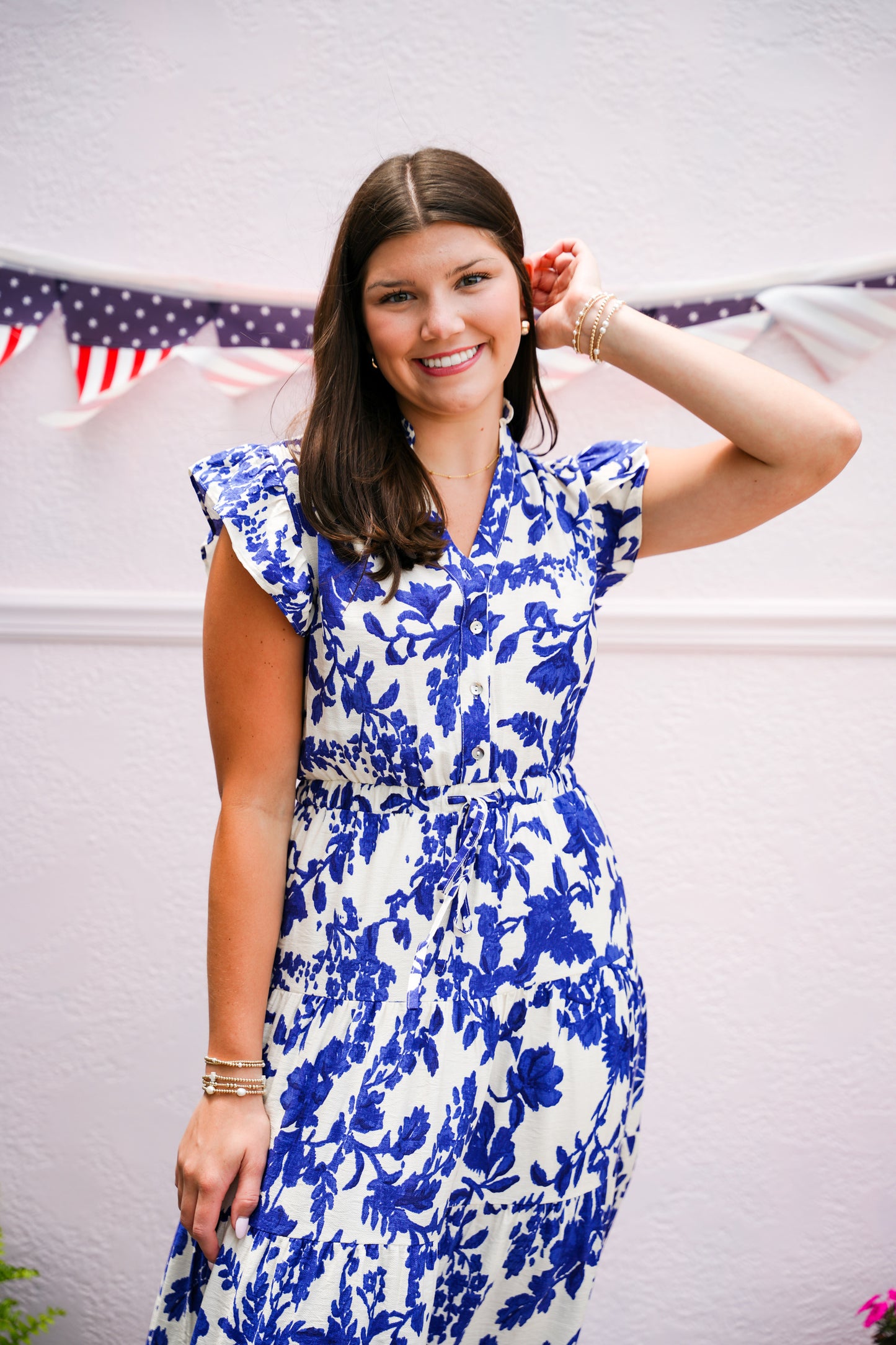 Blue Floral Printed Tiered Maxi Dress