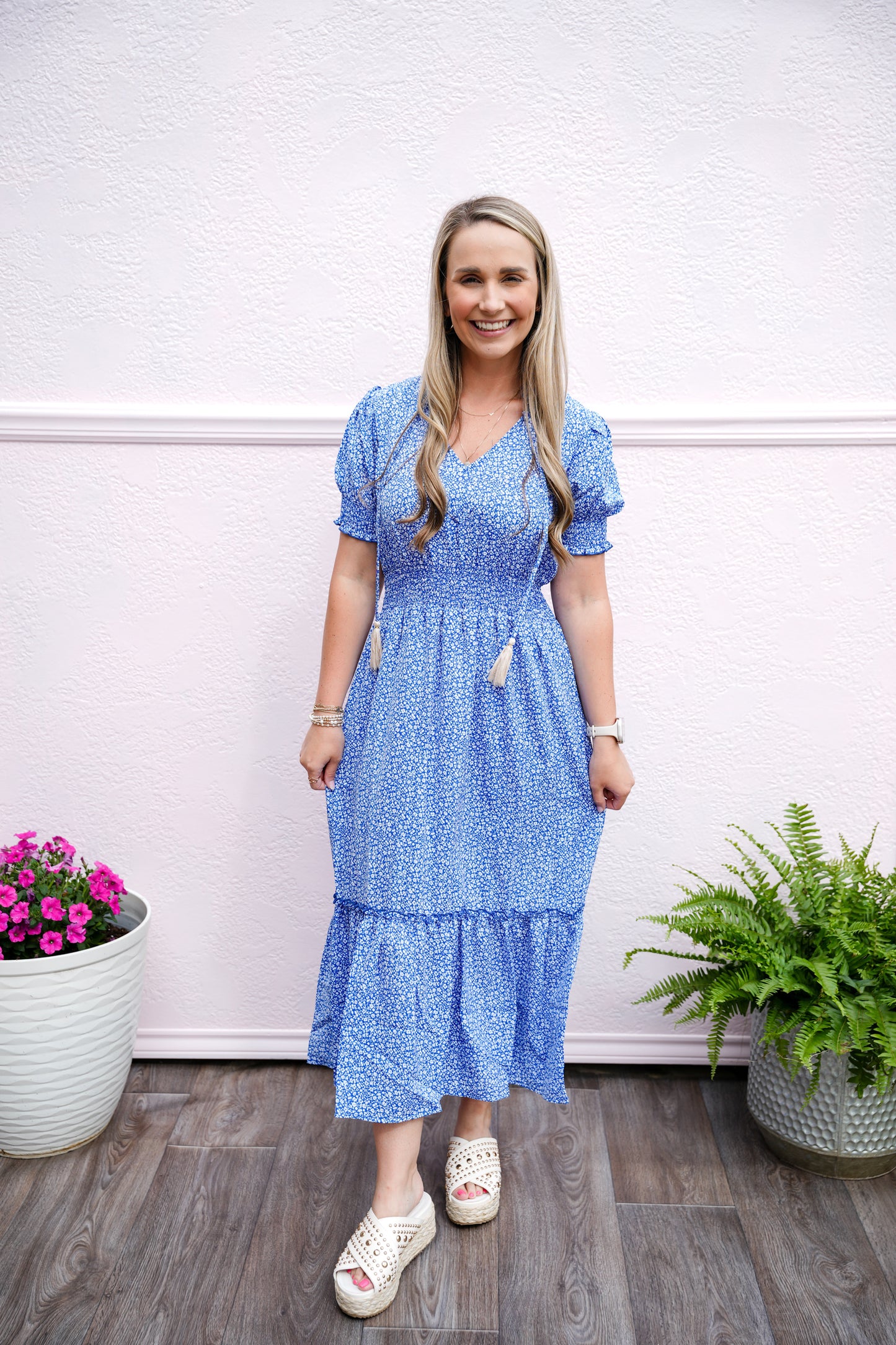 Smocked Waist Flower Print Midi Dress - Blue - Southern Belle Boutique