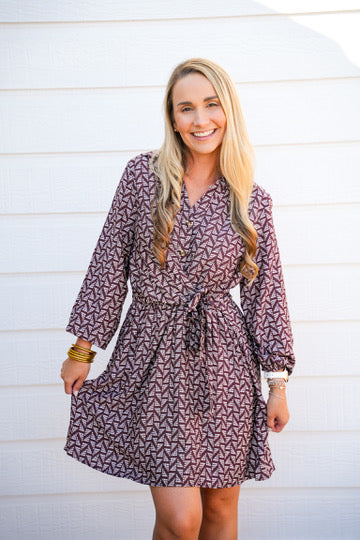 Brown Abstract Waist Tie Mini Dress