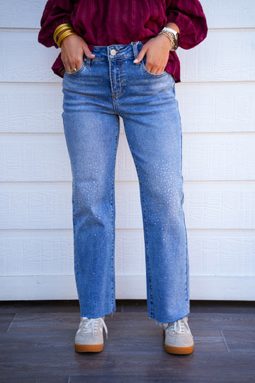 High Rise Crop Straight Rhinestone Jeans - Medium