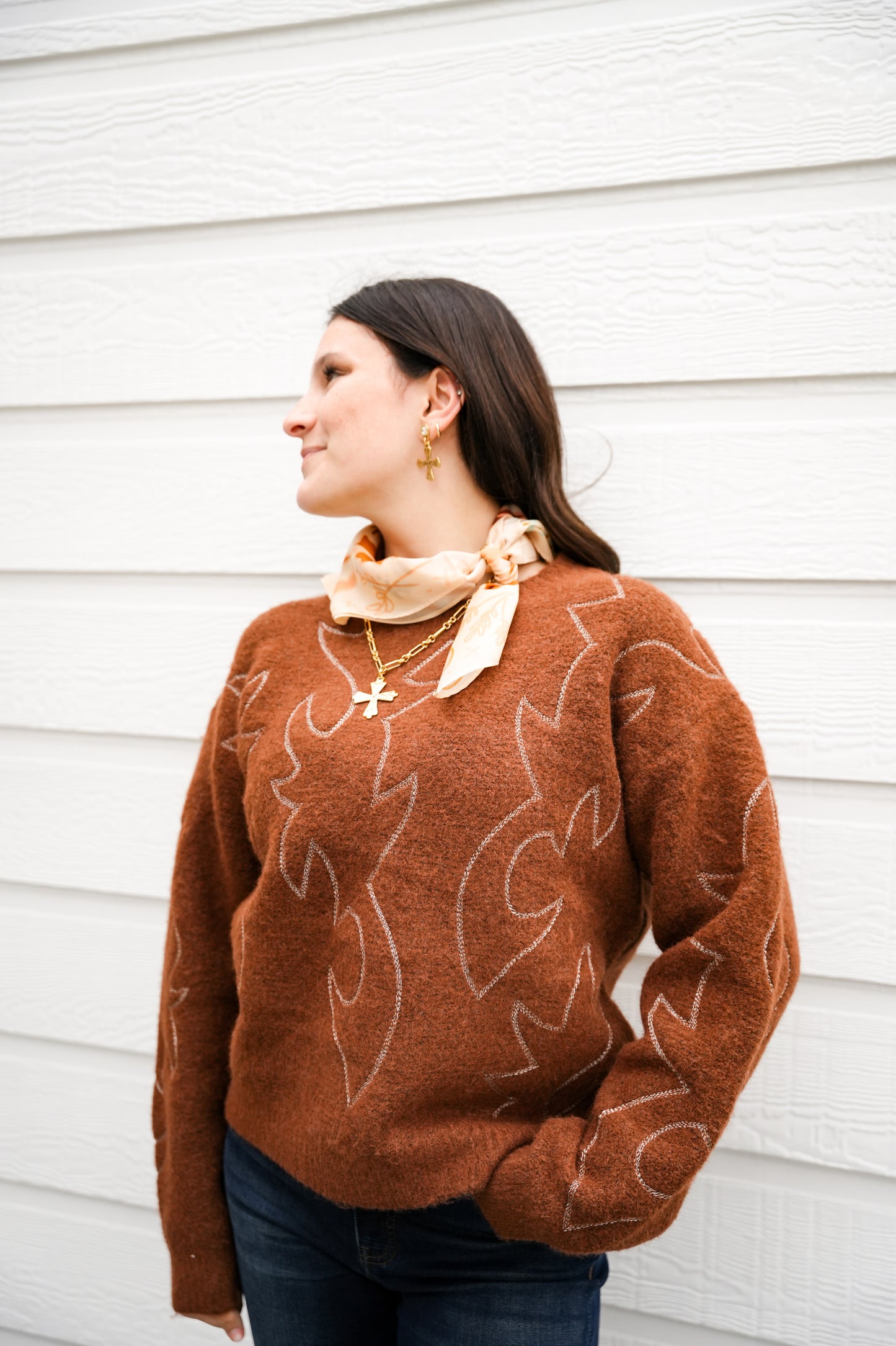 Western Boots Stitched Sweater - Southern Belle Boutique