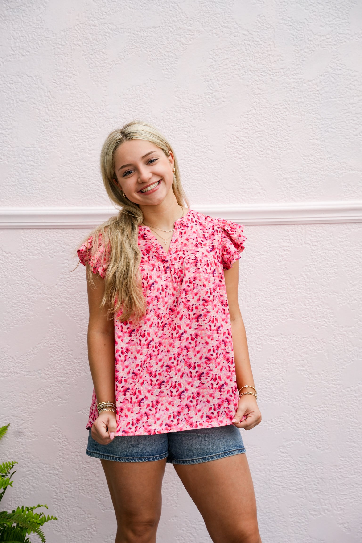 Fuchsia Floral Print Split V-Neck Ruffled Sleeve Top - Southern Belle Boutique