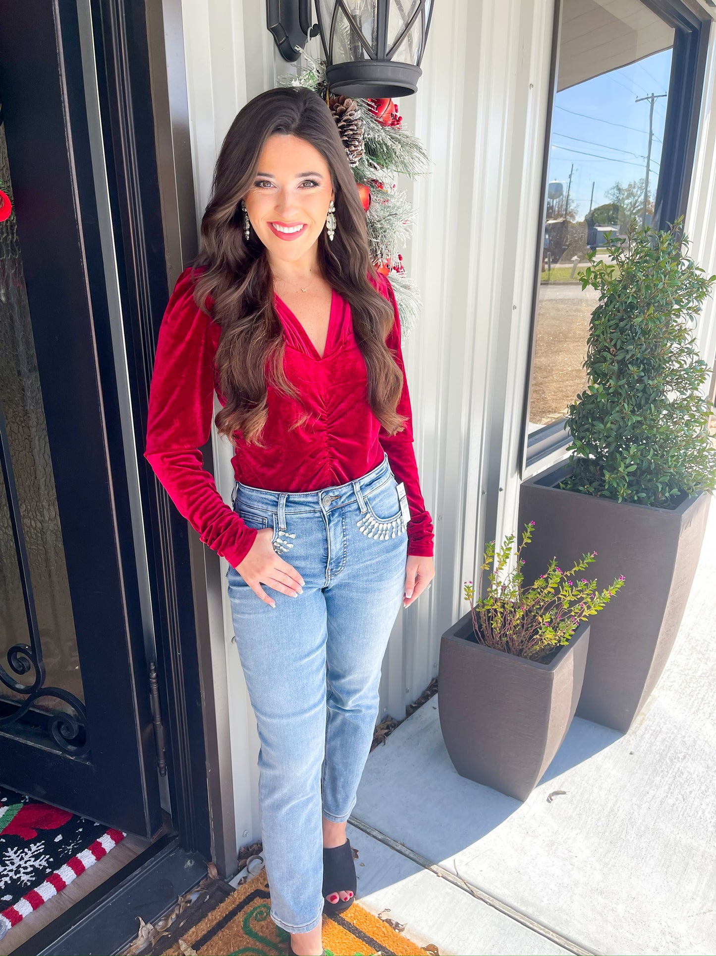 Sadelle Shirred Seam Top - Cranberry Velvet - Southern Belle Boutique