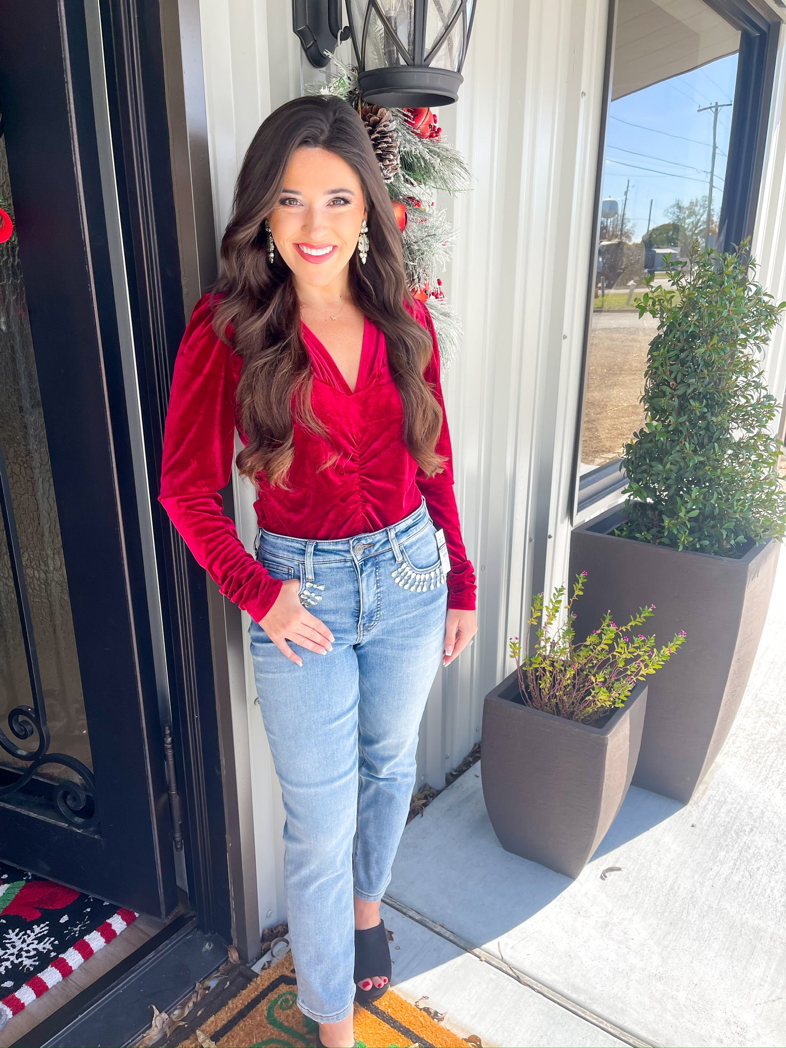 Sadelle Shirred Seam Top - Cranberry Velvet - Southern Belle Boutique