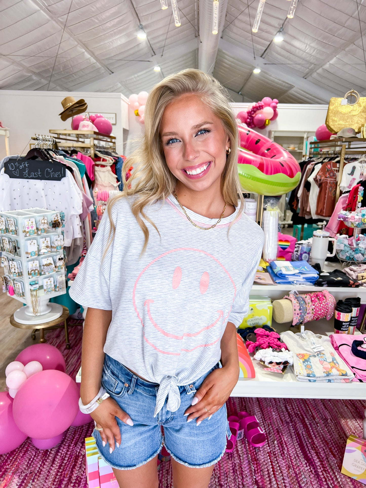 Denim Striped Smiley Front Tie Tee - Southern Belle Boutique
