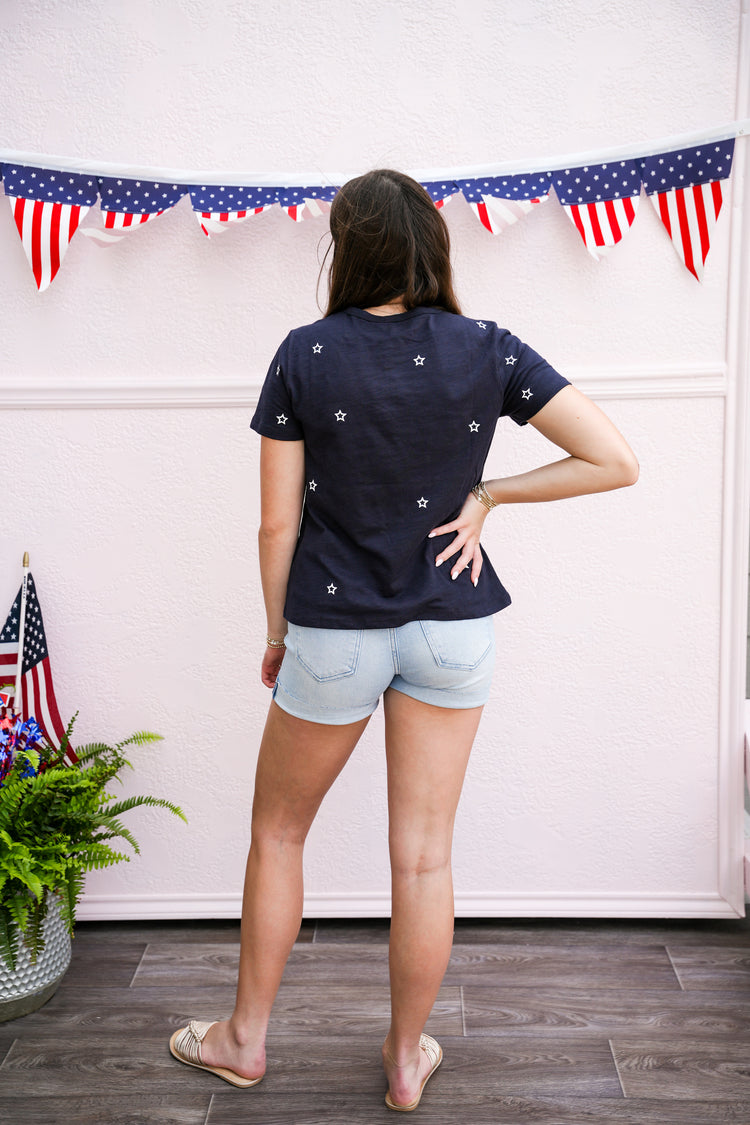 Star Embroidered Cotton Tee - Navy