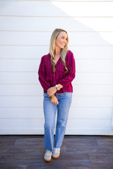 Burgundy Lace VNeck Blouse
