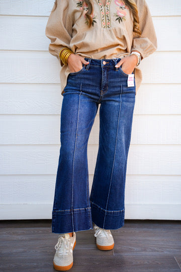 Tummy Control Mid Rise Crop Wide Pintuck Front Jeans - Deep Blue