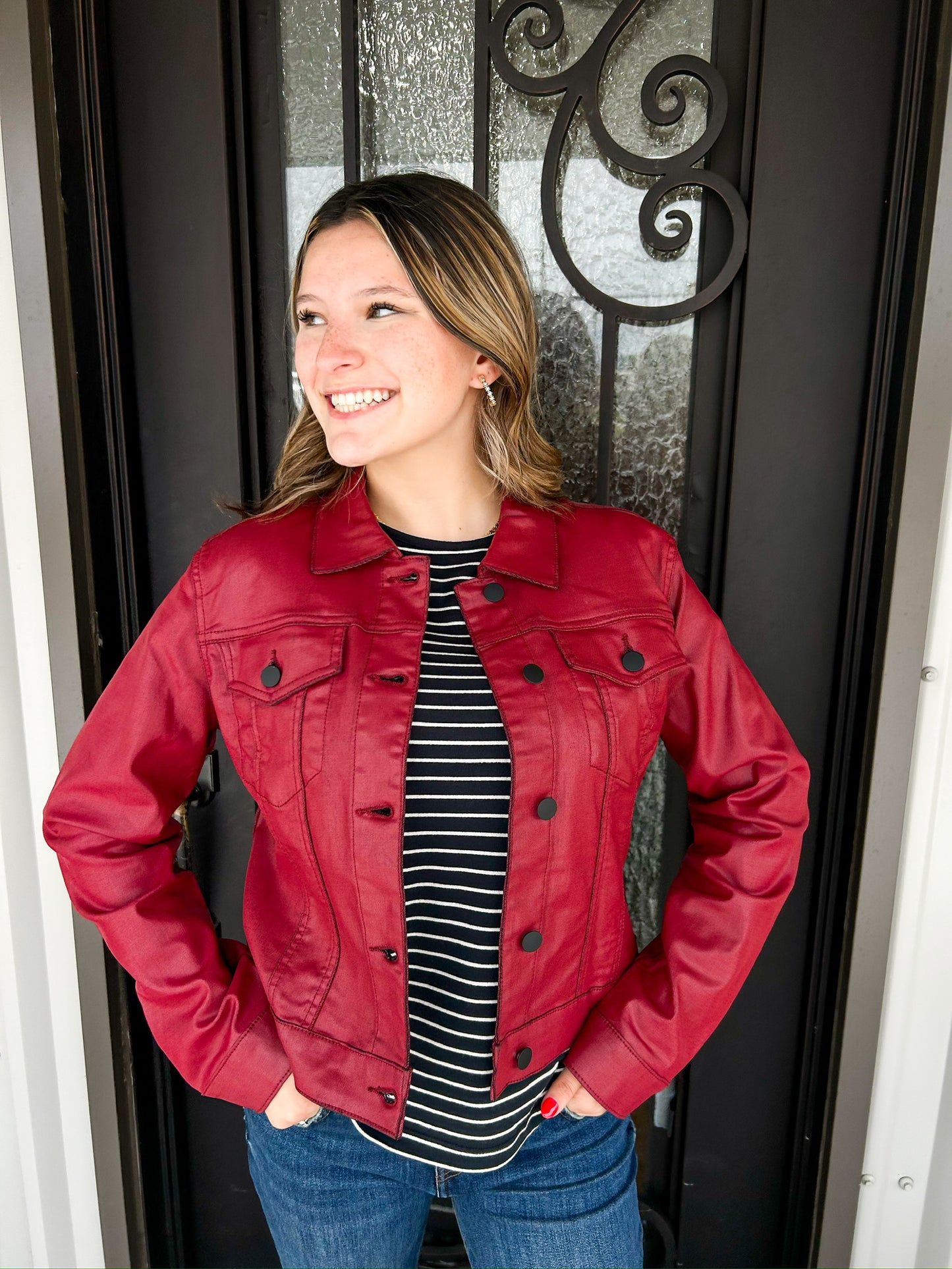 Julia Coated Crop Denim Trucker Jacket - Red M - Southern Belle Boutique