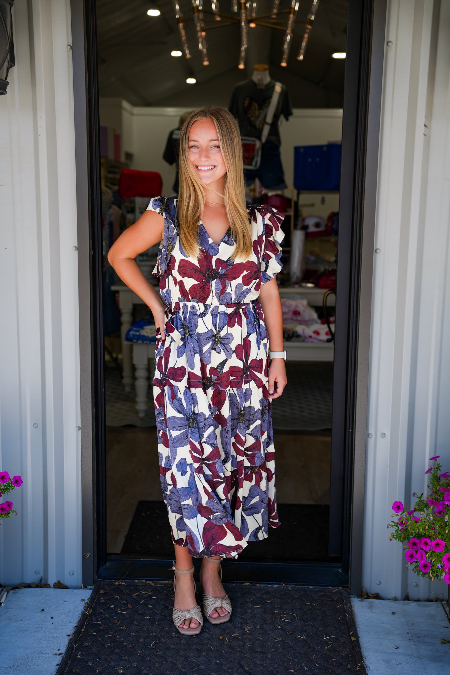 Blue Grey Floral Satin Ruffle Tiered Midi Dress - Southern Belle Boutique