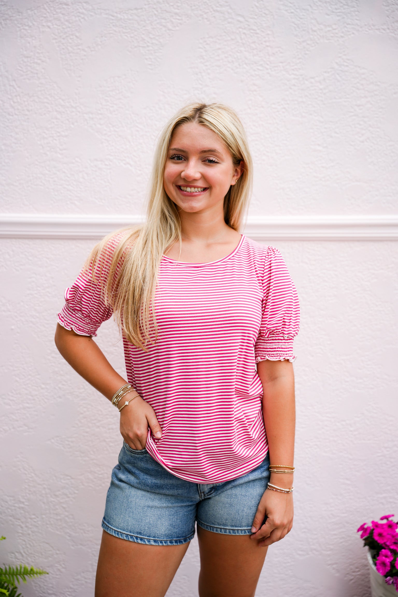 Smocked Cuff Puff Sleeve Striped Top - Fuchsia - Southern Belle Boutique