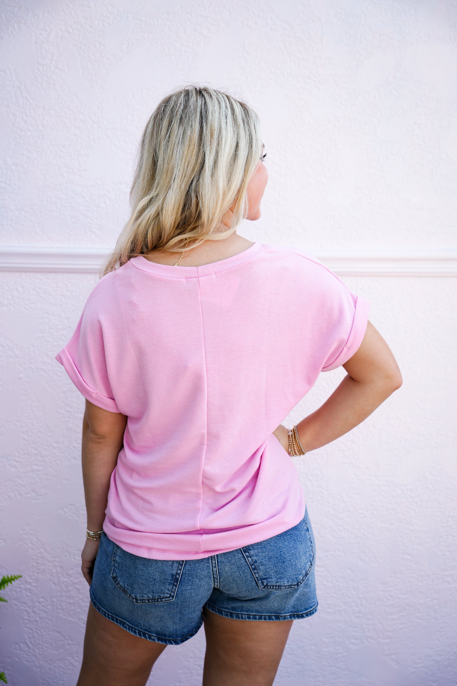 Lt Pink Rolled Sleeve Top - Southern Belle Boutique