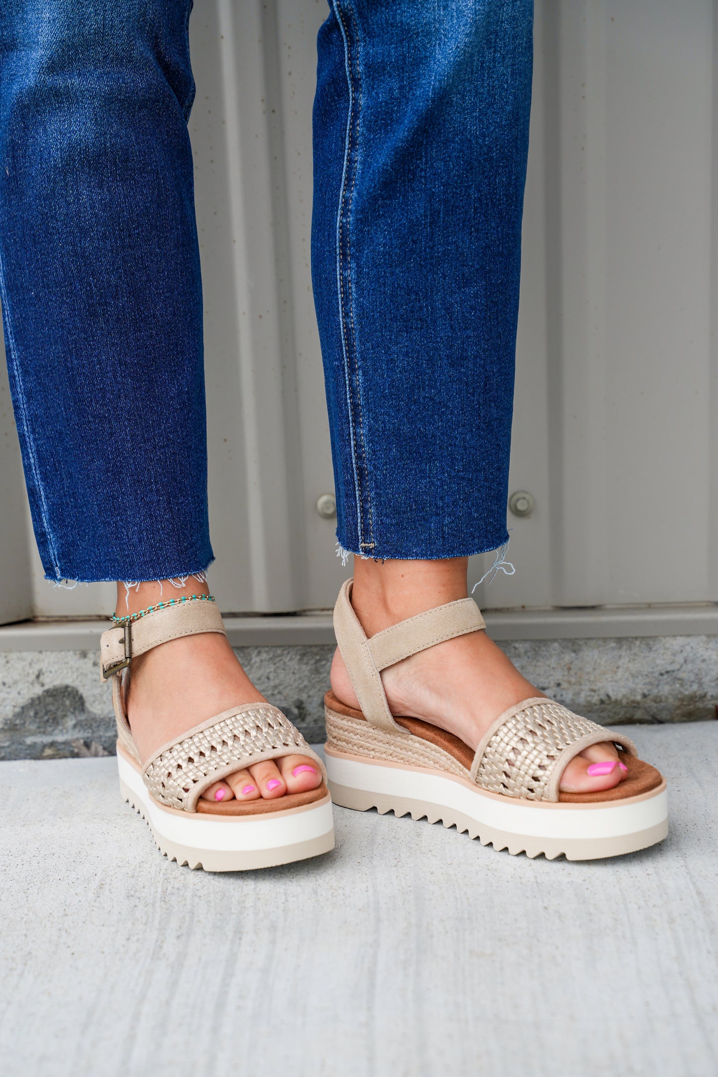 Diana Wedge Sandal - Champagne Metallic Basket Weave - Southern Belle Boutique