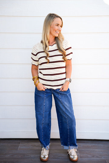 High Rise Fit Barrel Cuffed Jean - Dark Wash