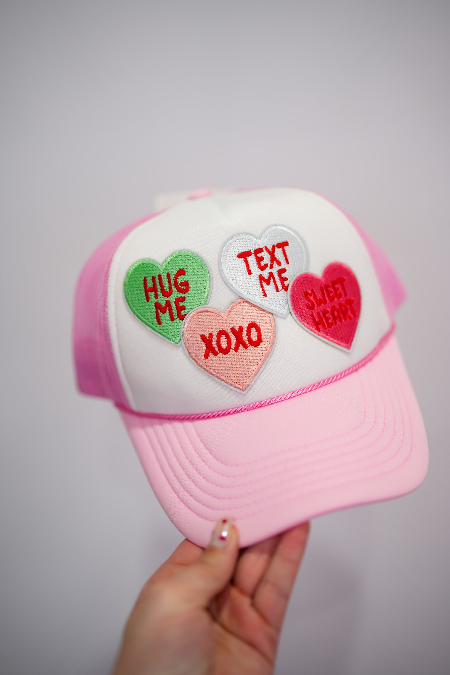 Sweet Conversation Hearts Trucker Hat - Pink White - Southern Belle Boutique