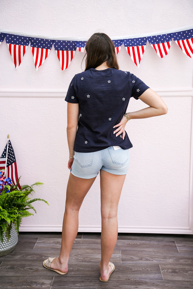 Star Embroidered Cotton Tee - Navy