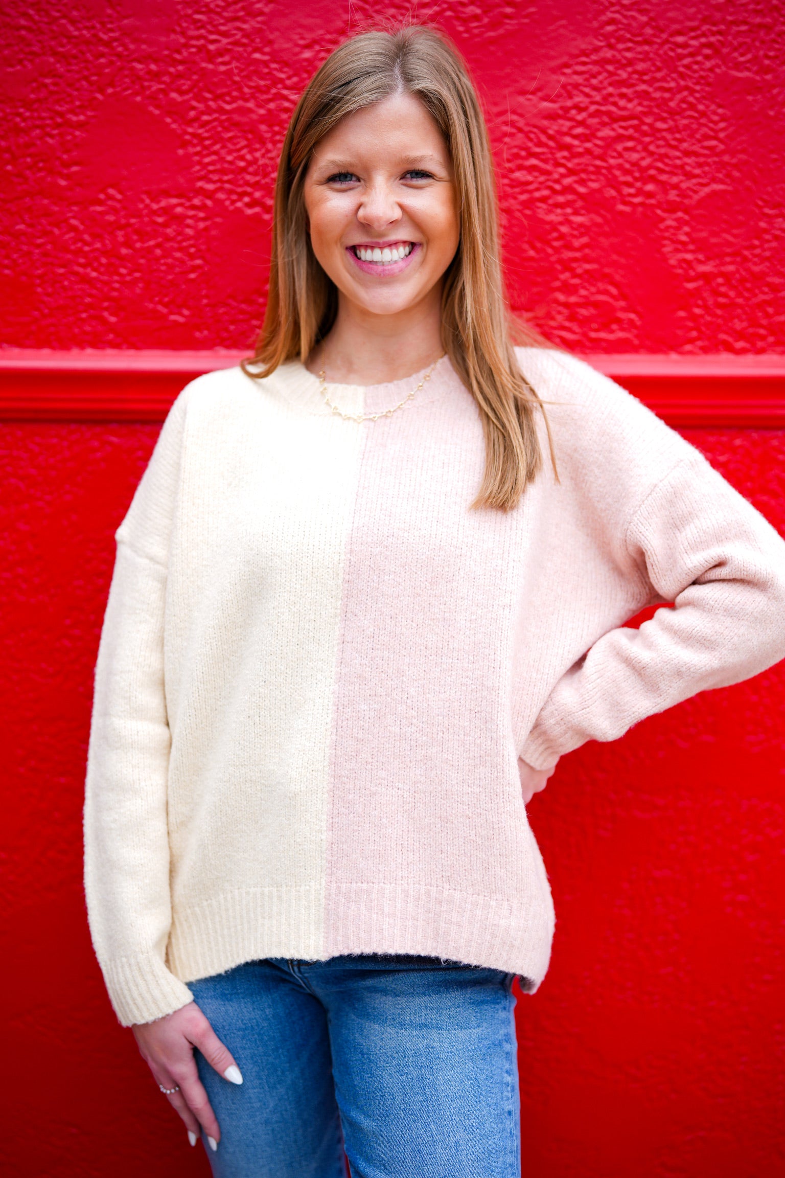 Colorblock Sweater - Ivory/Pink - Southern Belle Boutique