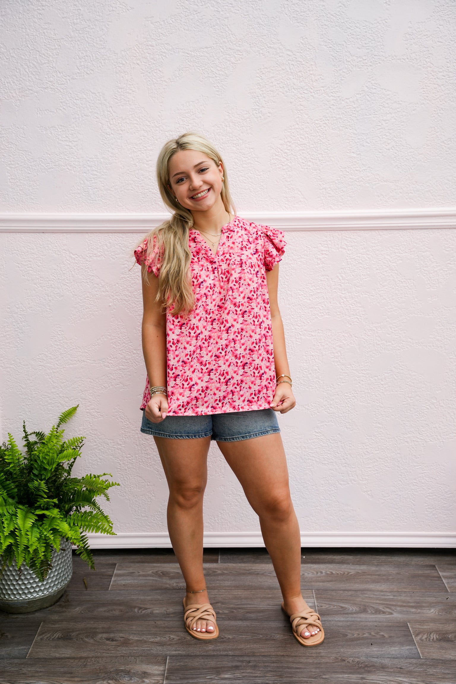 Fuchsia Floral Print Split V-Neck Ruffled Sleeve Top - Southern Belle Boutique