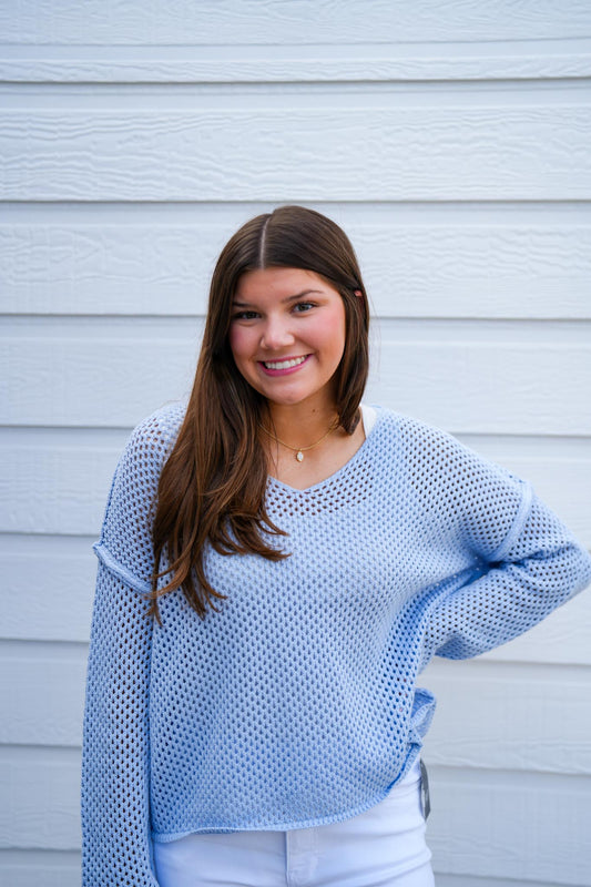 Powder Blue Fishnet Sweater - Southern Belle Boutique