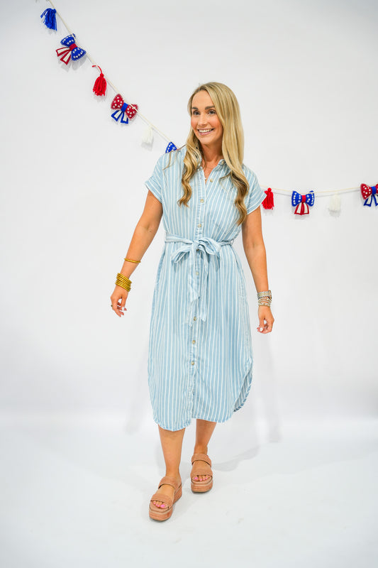 Chambray Striped Denim Midi Dress - Southern Belle Boutique