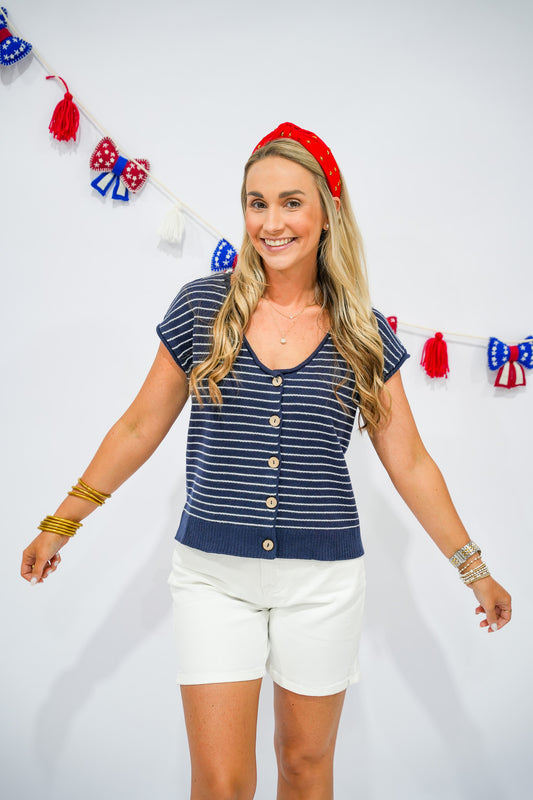 Navy Striped Button Down Cardigan - Southern Belle Boutique