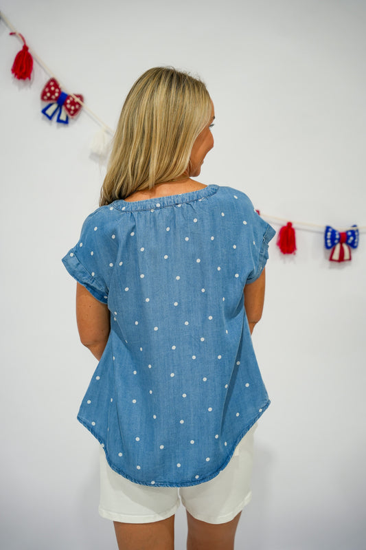 Chambray Polkadot Henley Top - Southern Belle Boutique