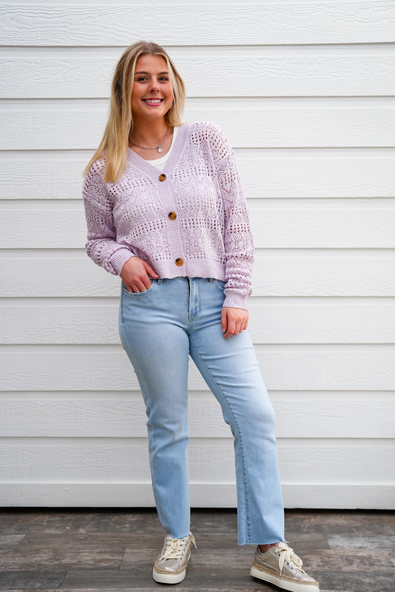 Lavender Pointelle Knitted V-Neck Crop Cardigan - Southern Belle Boutique