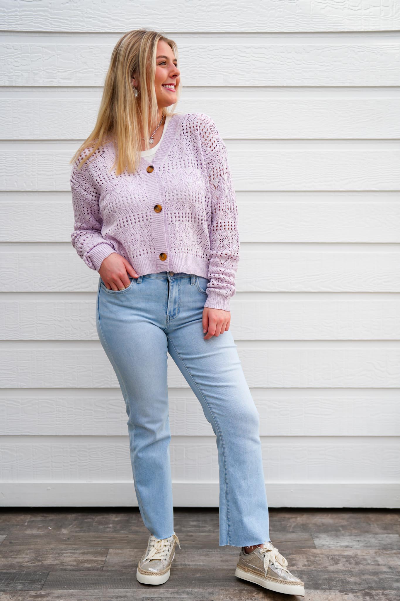 Lavender Pointelle Knitted V-Neck Crop Cardigan - Southern Belle Boutique