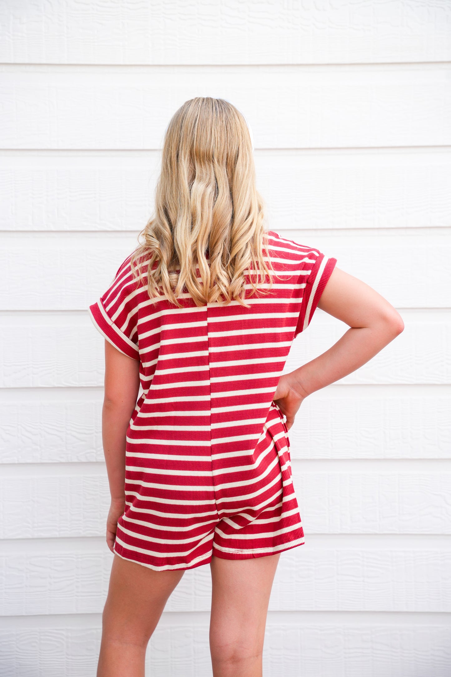 Rust Stripe Short Sleeve Collared Patch Pocket Romper