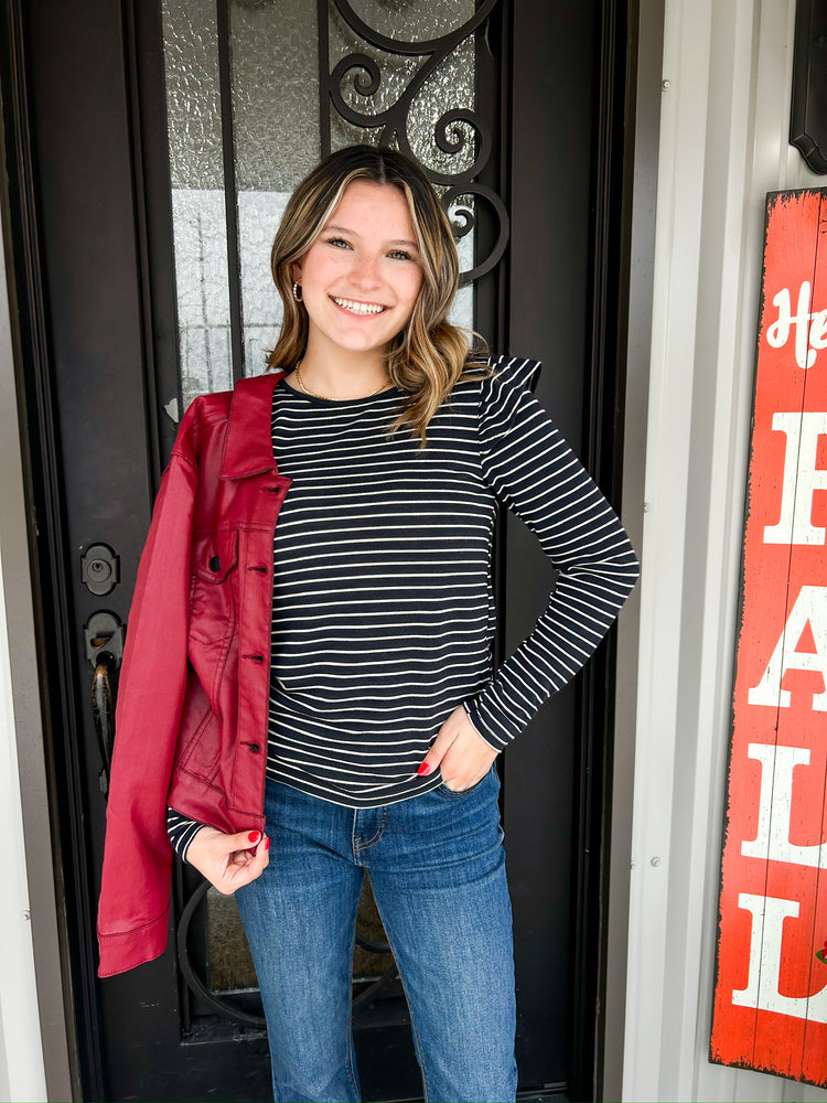 Black White Stripe Ruffle Sleeve Blouse - Southern Belle Boutique