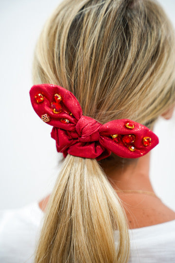 Shimmer Bow Scrunchie with Hand Sewn Crystals in Red - Southern Belle Boutique