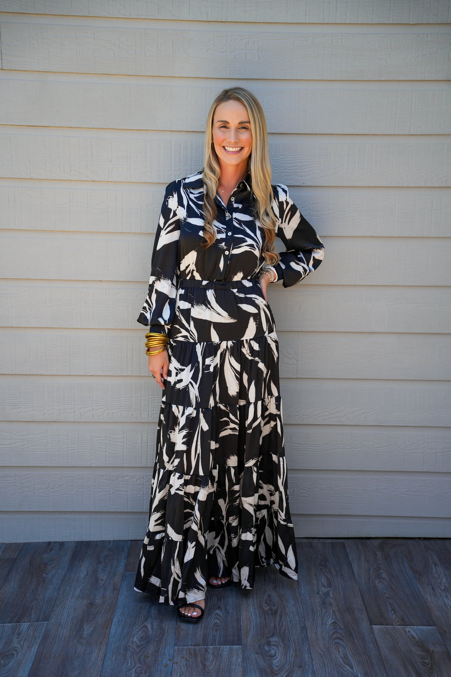 Print Button Down Maxi Dress - Black - Southern Belle Boutique