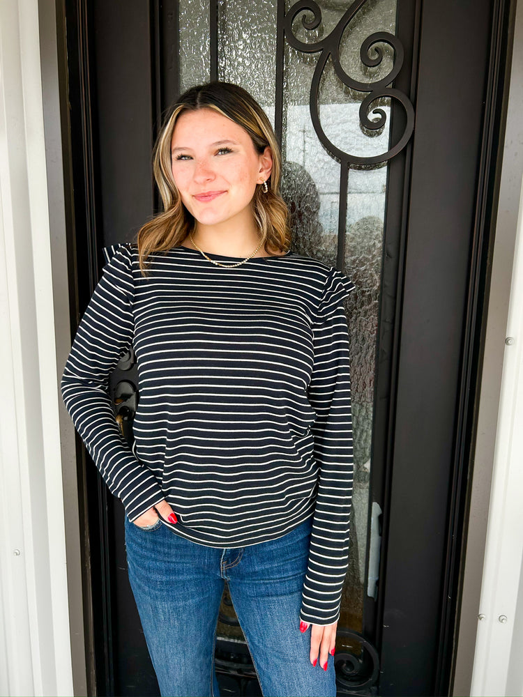 Black White Stripe Ruffle Sleeve Blouse - Southern Belle Boutique