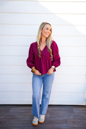 Burgundy Lace VNeck Blouse
