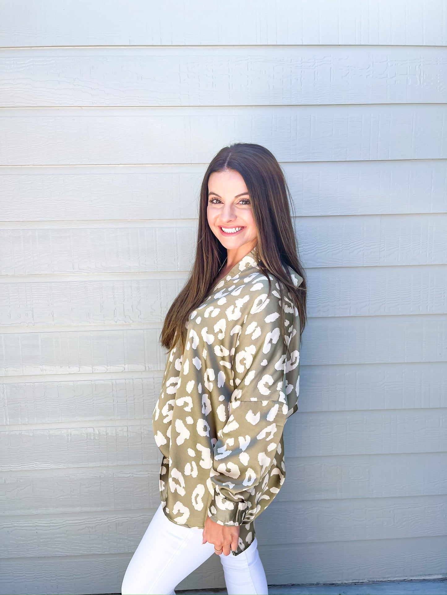 Mocha Spotted VNeck Blouse - Southern Belle Boutique