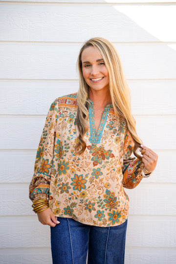 Taupe Teal Paisley Border Printed Top