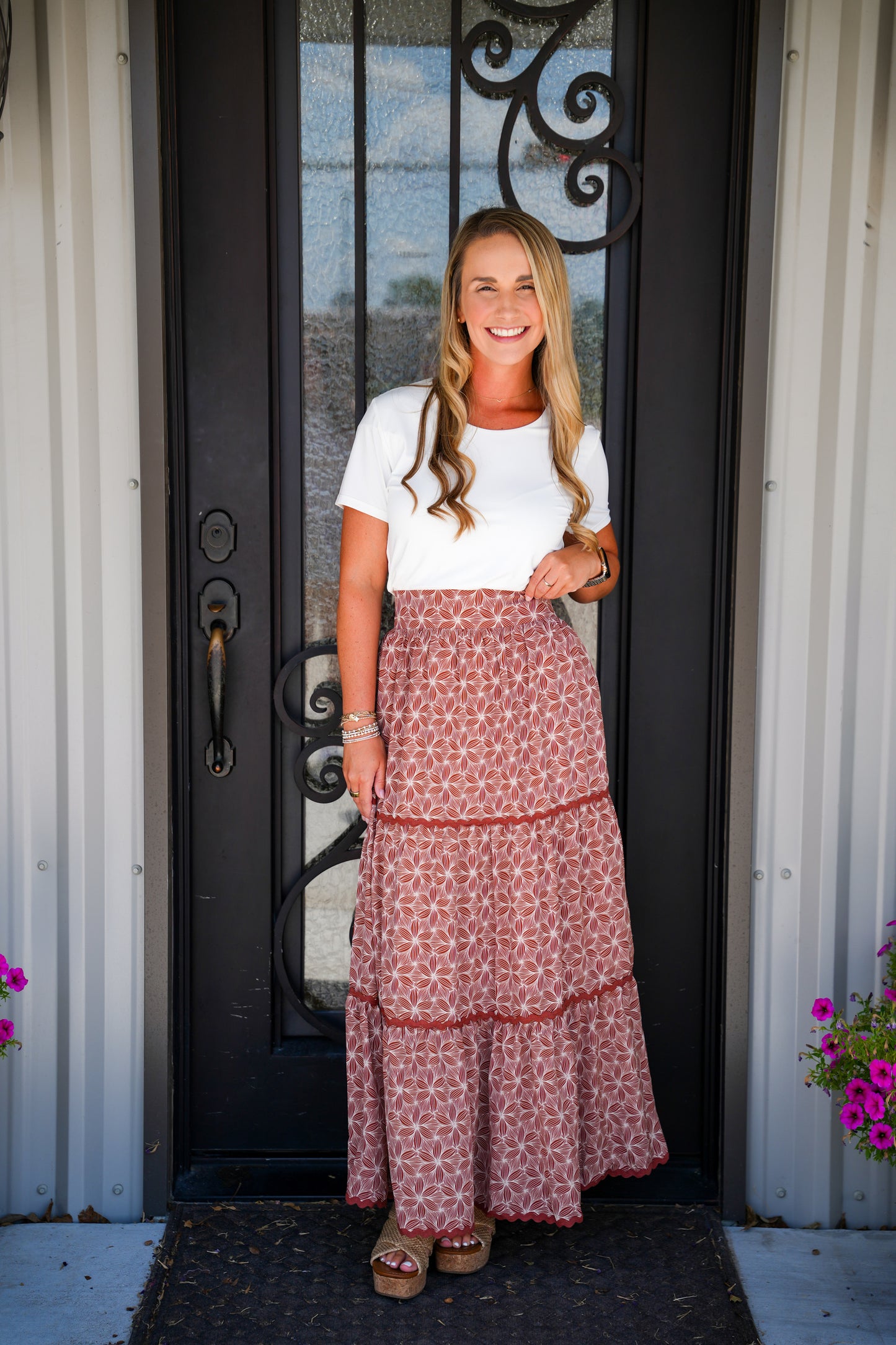 Terra Cotta Floral Rick Rack Lace Tiered Maxi Skirt - Southern Belle Boutique