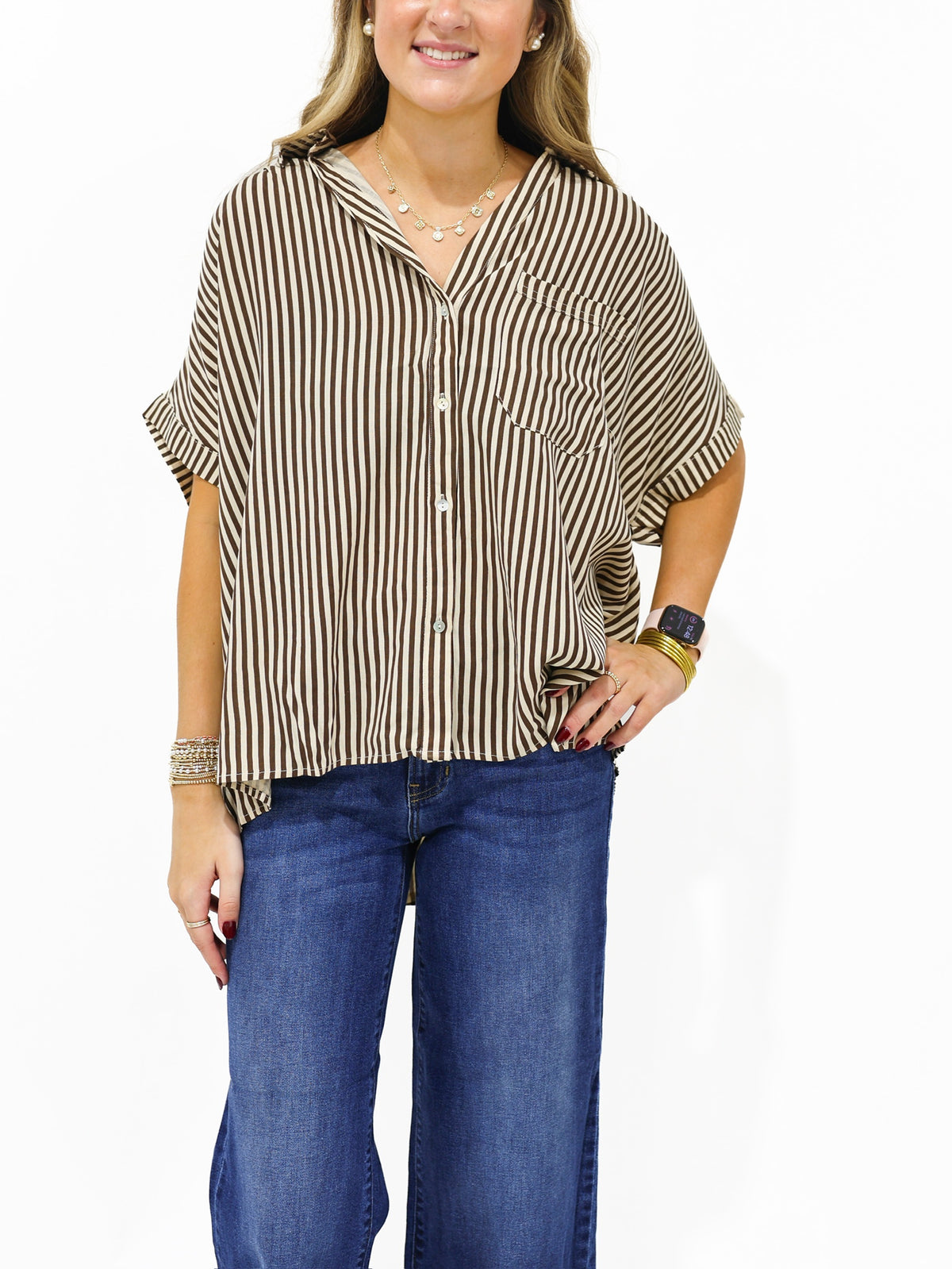 Brown Striped Button Down Shirt - Southern Belle Boutique