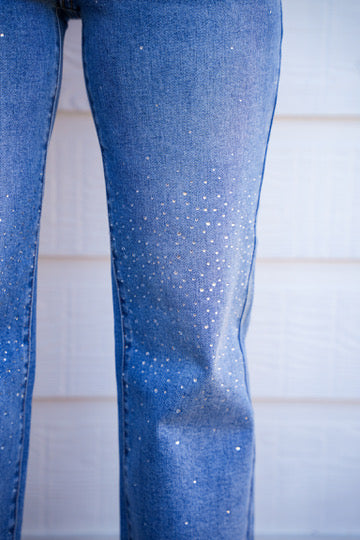 High Rise Crop Straight Rhinestone Jeans - Medium