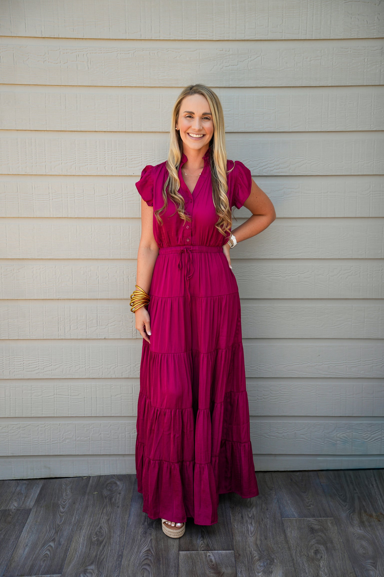 Satin Tiered Maxi Dress - Fall Red Southern Belle Boutique Satin Tiered Maxi Dress - Fall Red Southern Belle Boutique