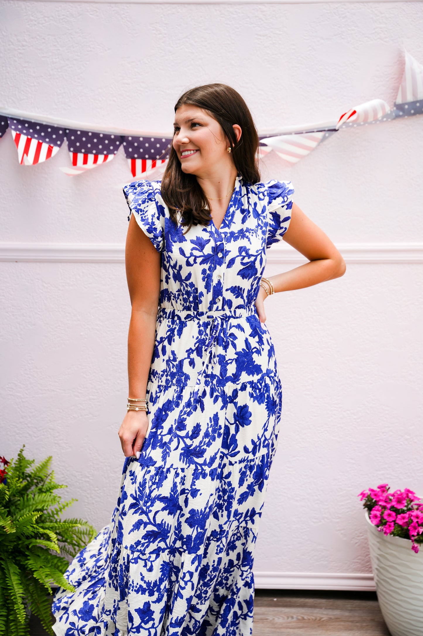 Blue Floral Printed Tiered Maxi Dress