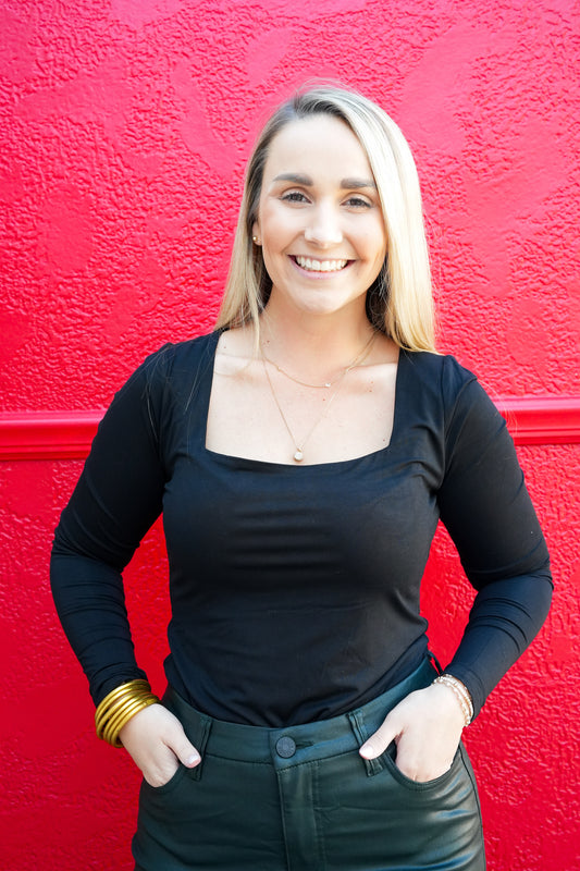 Black Square Neck LS Bodysuit - Southern Belle Boutique