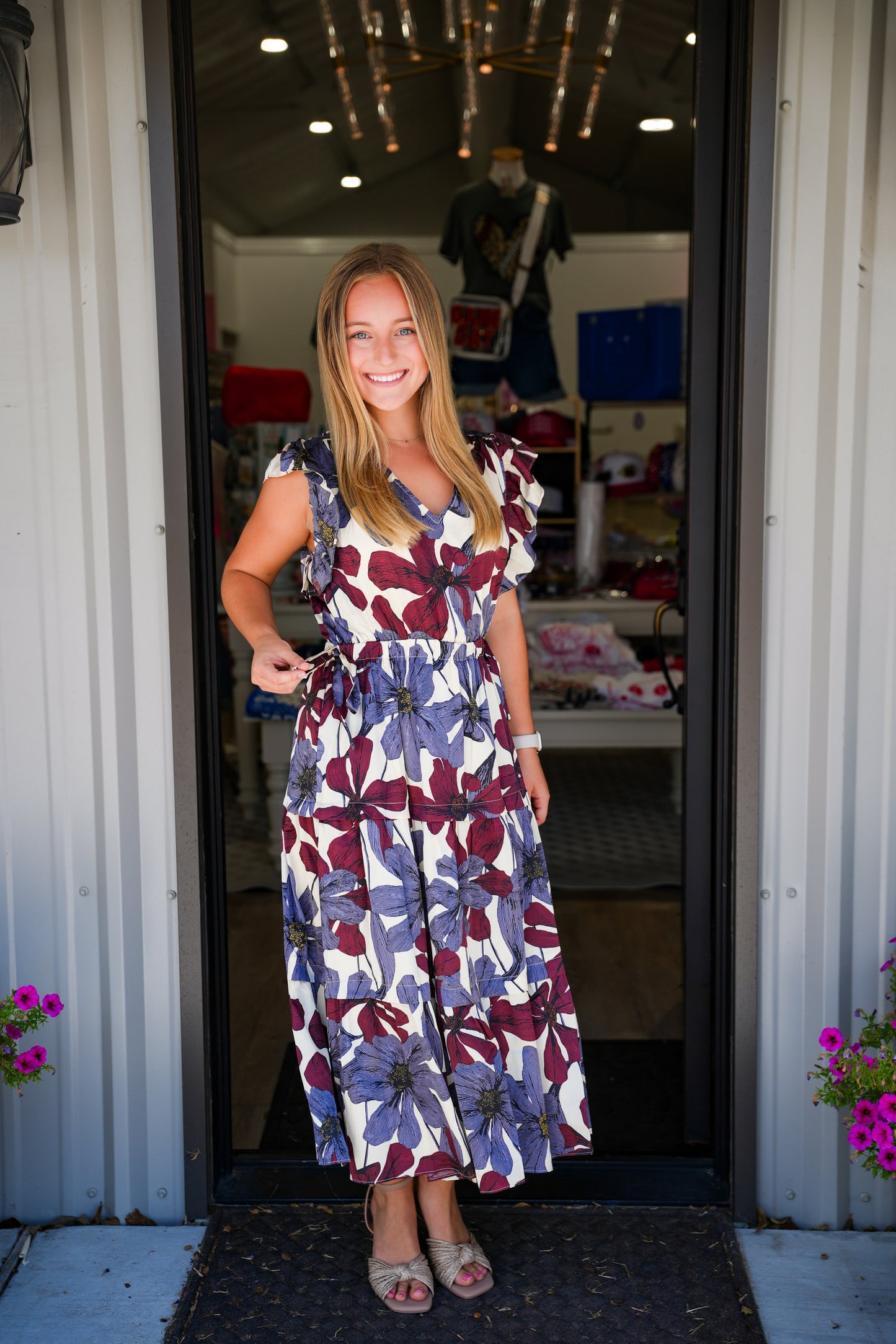 Blue Grey Floral Satin Ruffle Tiered Midi Dress - Southern Belle Boutique