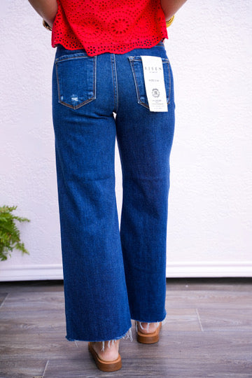 Risen High Rise Crop Wide Button Up Jean - Dark